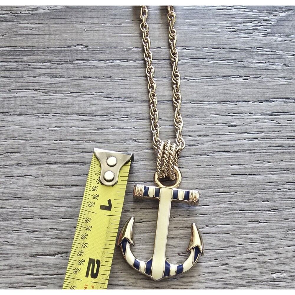 Blue & White Enamel Anchor With Gold Tone Chain Nautical Summer Beach - Picture 3 of 9